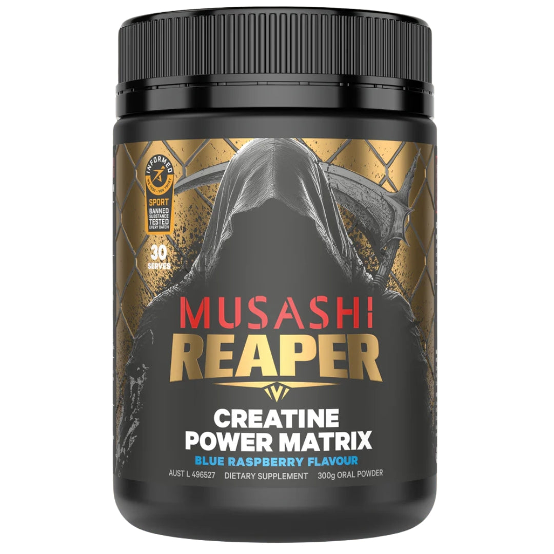 Musashi Reaper creatine power matrix supplement container on a white background