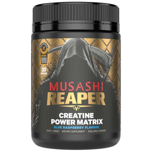 Musashi Reaper creatine power matrix supplement container on a white background