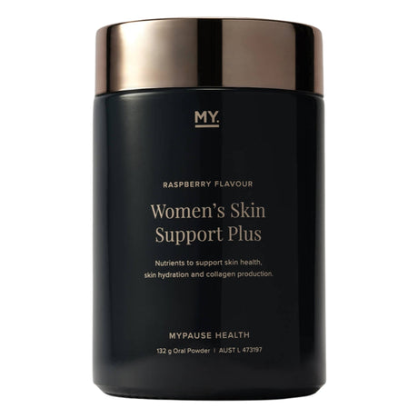 Black container of Women's Skin Support Plus with gold lid on a white background