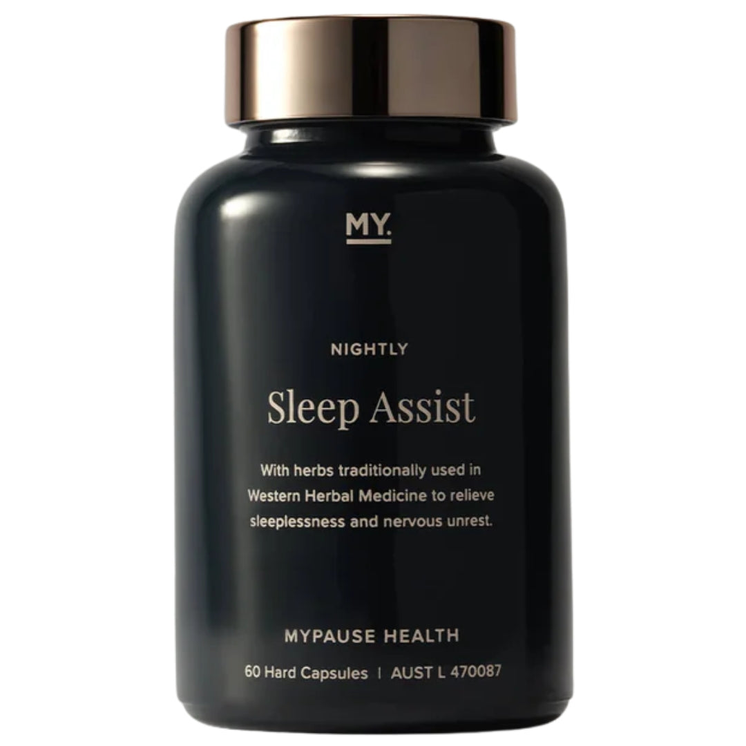 Black bottle labeled 'Sleep Assist' by MYPAUSE HEALTH on a white background