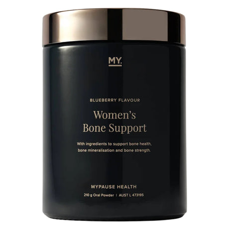 Black container of Women's Bone Support supplement with gold lid on a white background
