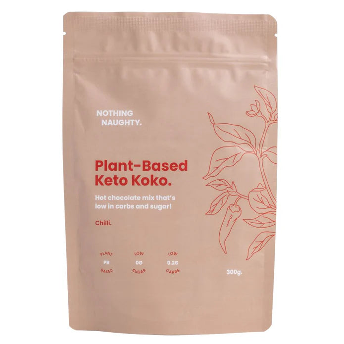 Beige packaging of Plant-Based Keto Koko with text and leaf design on a white background