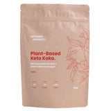 Beige packaging of Plant-Based Keto Koko with text and leaf design on a white background