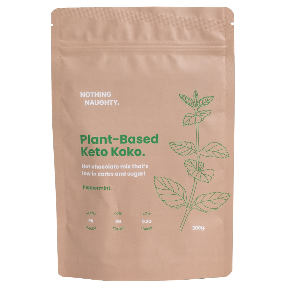 Plant-based keto koko packaging with green text and leaf graphics on a white background