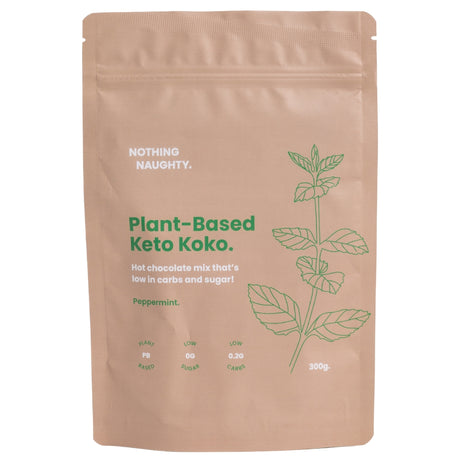 Plant-based keto koko packaging with green text and leaf graphics on a white background
