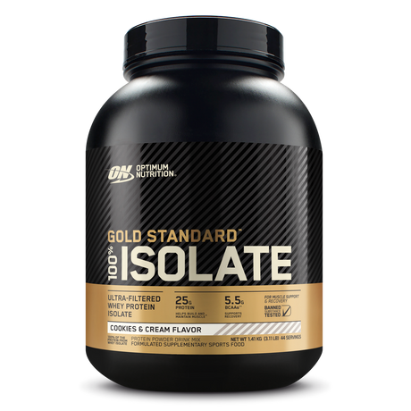 Optimum Nutrition Gold Standard 100% Isolate protein powder container on a white background