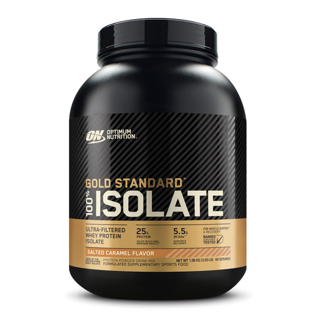 Optimum Nutrition Gold Standard 100% Isolate protein powder container on a white background