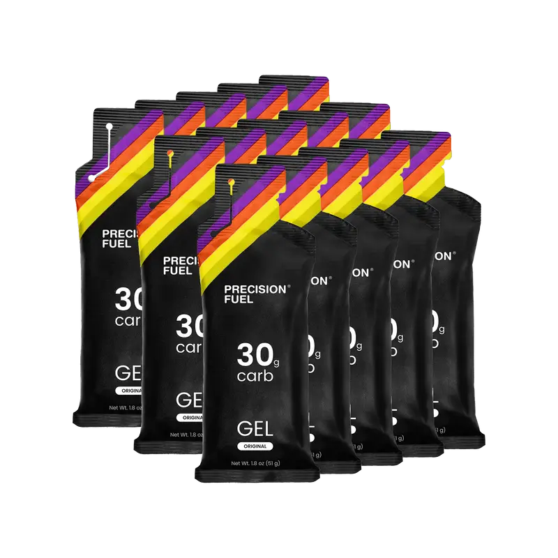 Multiple packages of Precision Fuel gel with colorful stripes on a white background