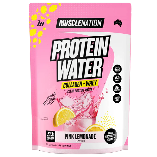 Pink protein water package with lemon slices on a white background