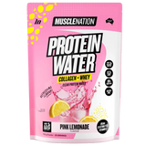 Pink protein water package with lemon slices on a white background
