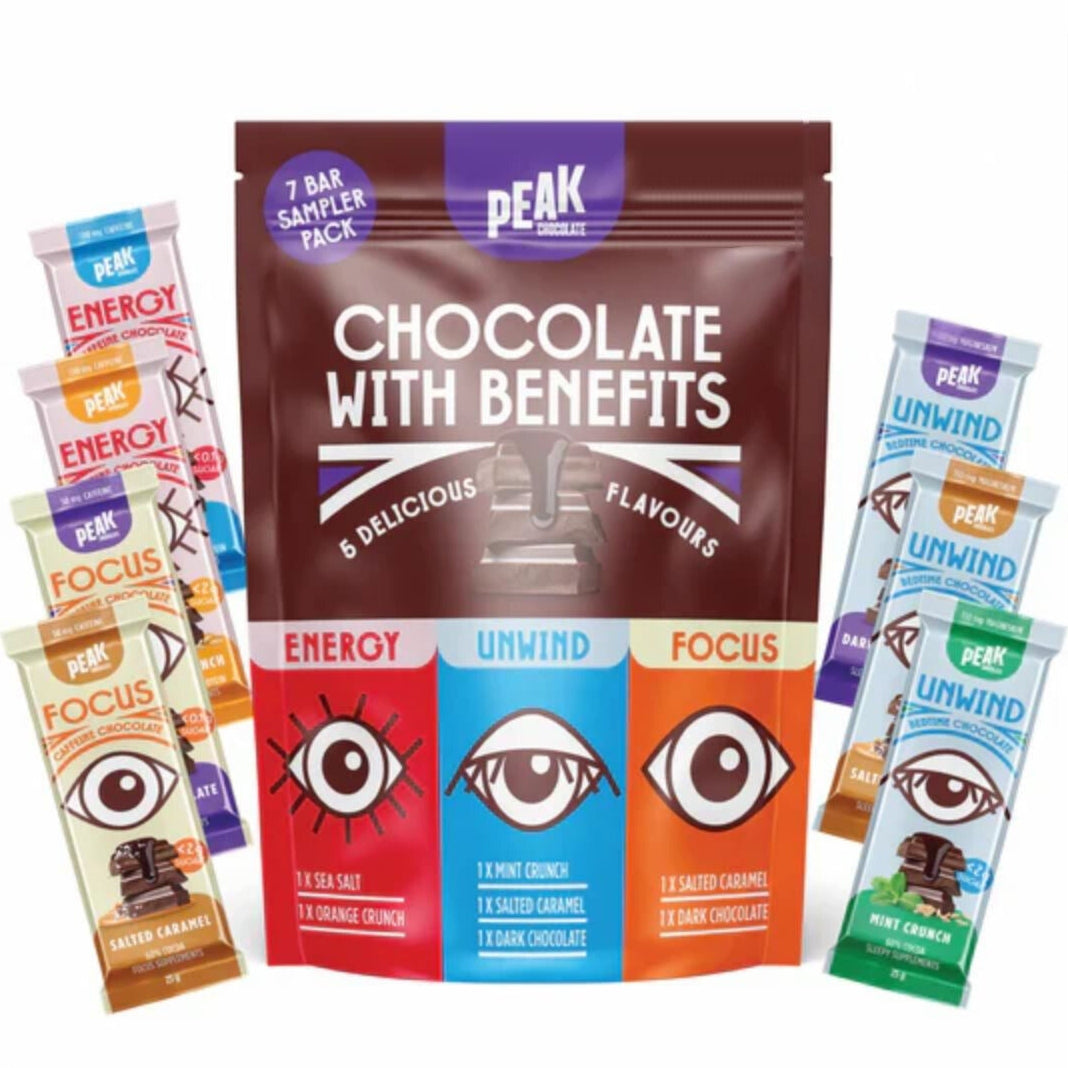 Peak chocolate bars with various flavors on a white background