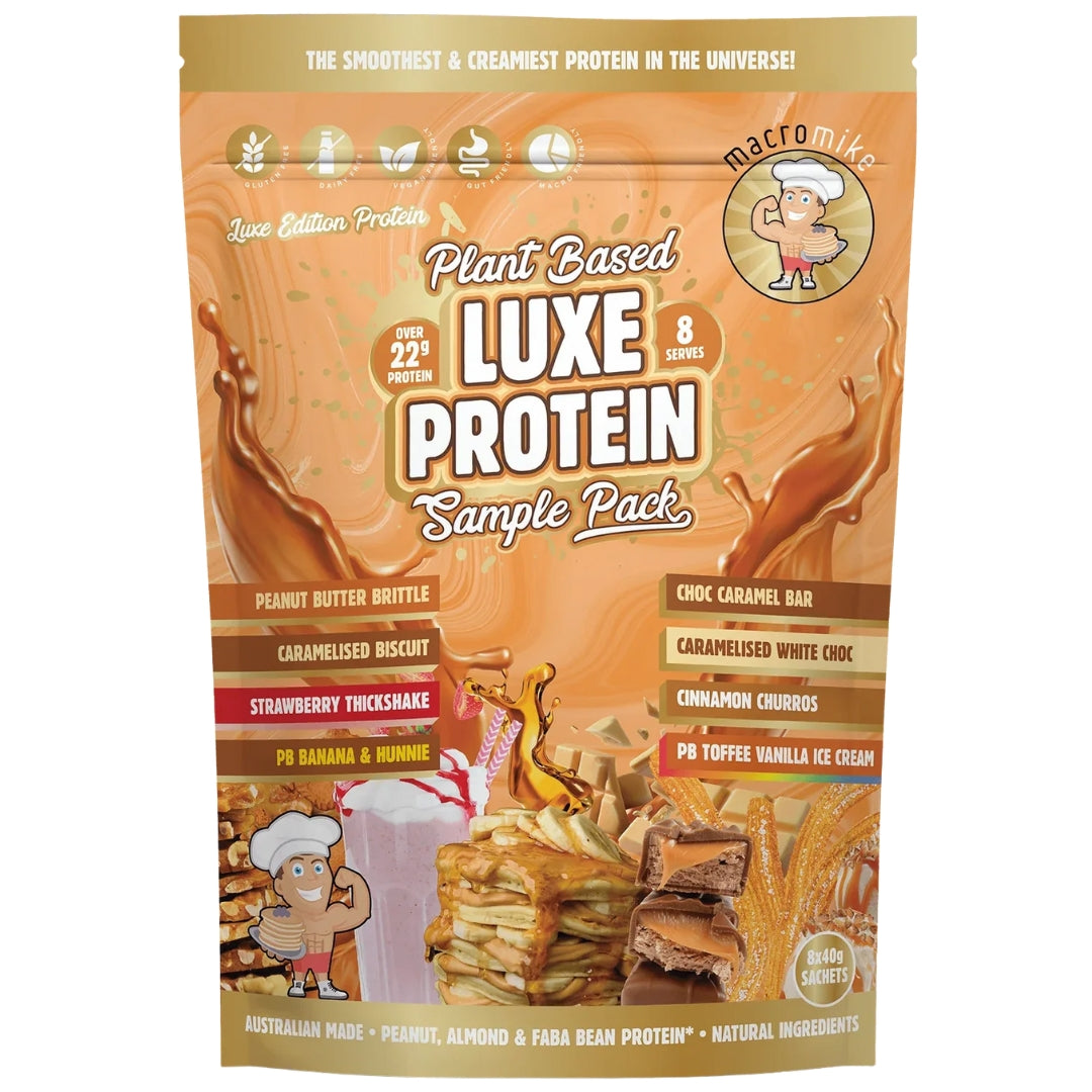 Macronutrients plant-based luxe protein sample pack on a white background