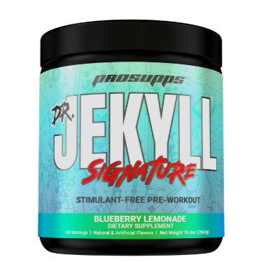 Dr. Jekyll Signature pre-workout supplement container with blue and black design on a white background