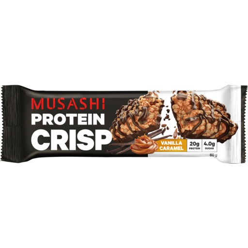 Musashi Protein Crisp bar packaging with vanilla caramel flavor on a white background