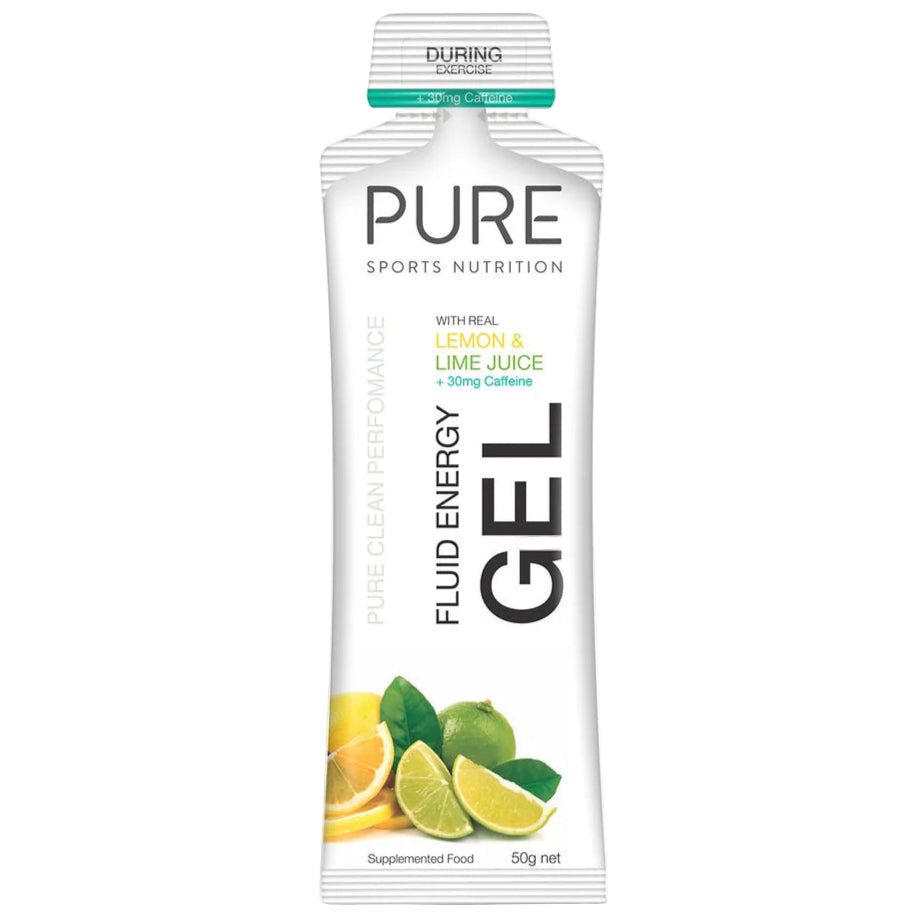 PURE Sports Nutrition fluid energy gel package with lemon and lime illustration on a white background