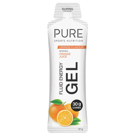 PURE Sports Nutrition fluid energy gel package with orange flavor on a white background