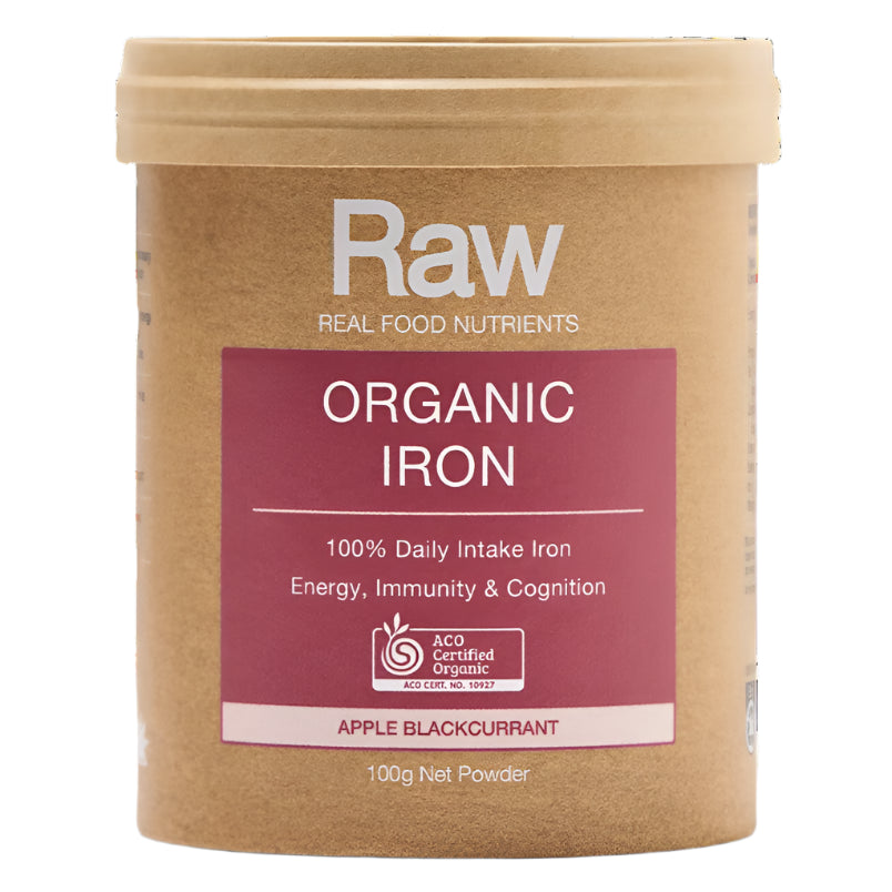 Container of Raw Organic Iron supplement on a white background