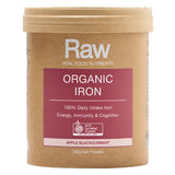 Container of Raw Organic Iron supplement on a white background