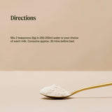 Spoon with raw real food nutrients sleep magnesium powder and text on a beige background