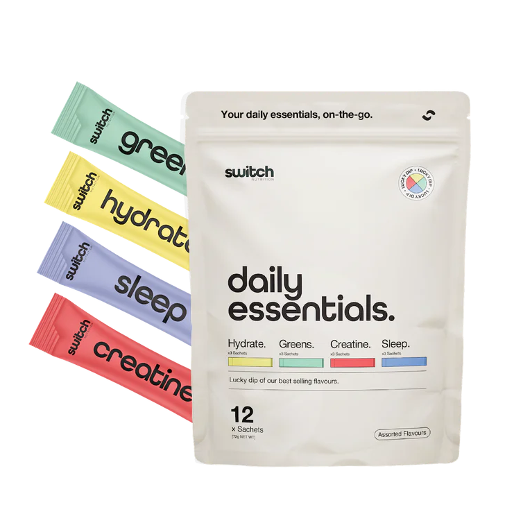 Packaging of 'daily essentials' with colorful labels on a white background