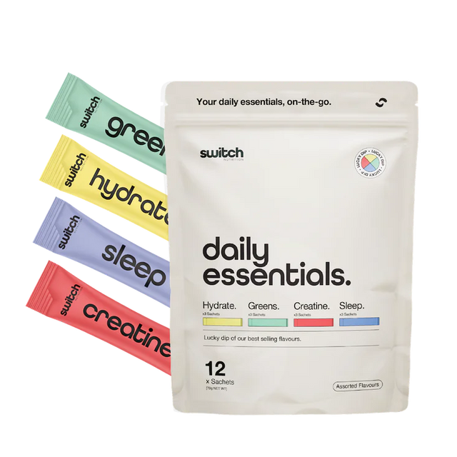 Packaging of 'daily essentials' with colorful labels on a white background