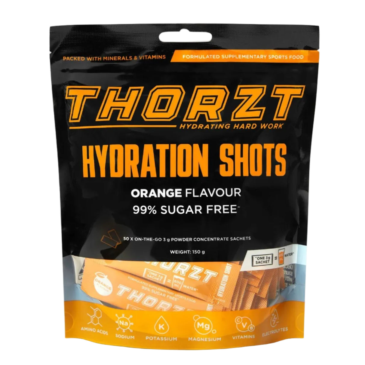 Thorzt Hydration Shots packaging with orange flavor and sugar-free information on a white background