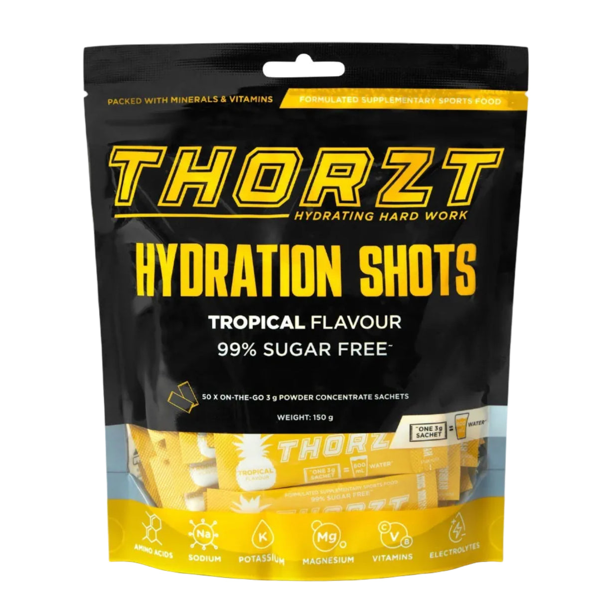 Thorzt Hydration Shots packaging with black and yellow design on a white background