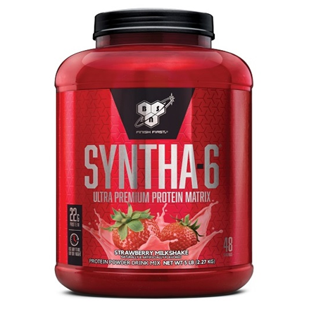 Red protein supplement container with 'Syntha-6' branding on a white background