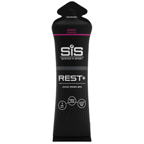 Black SIS (Science in Sport) REST+ juice drink mix packet on a white background