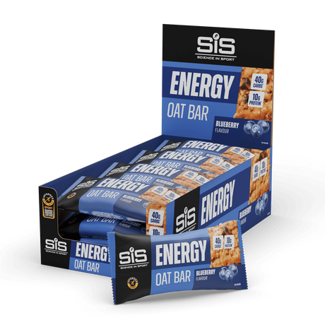 Display of SIS Energy Oat Bar packaging on a clear background