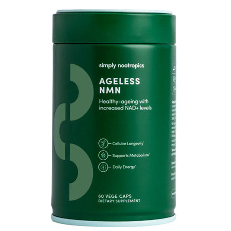 Green supplement container labeled 'Ageless NMN' by simply nootropics on a light gray background