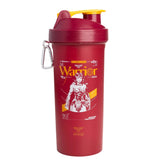 Red and yellow Warrior supplement shaker bottle on a white background