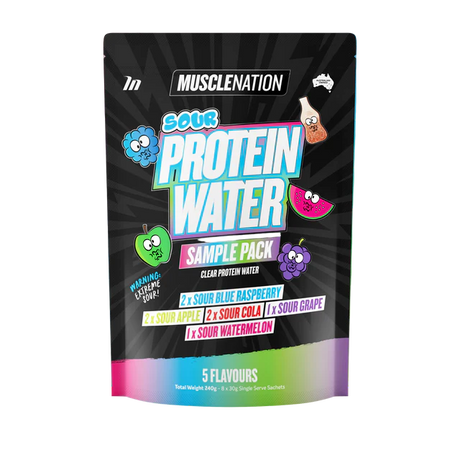 Musclemenation Sour Protein Water sample pack on a white background