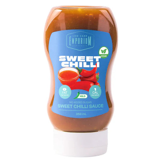 Bottle of sweet chili sauce with a blue label on a white background