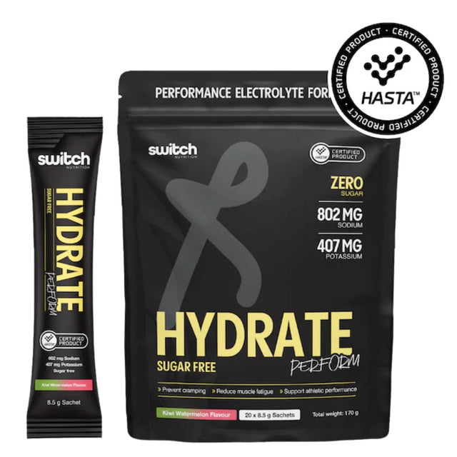 Black packaging of 'Hydrate Perform' with yellow text and a smaller black packet labeled 'switch'.
