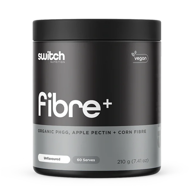 Black container of switch Nutrition fibre+ on a white background