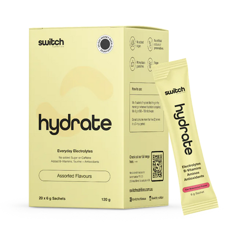 Box and single packet of 'switch' hydrate on a white background