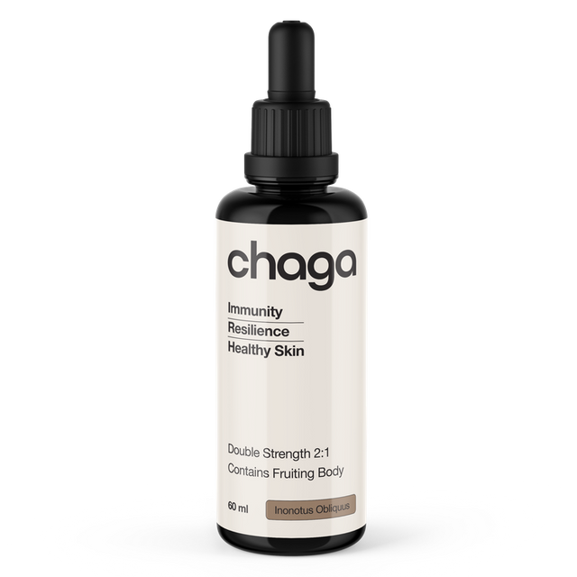 Chaga supplement bottle with dropper on a white background