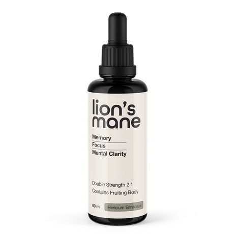 Bottle of 'lion's mane' supplement with a dropper on a white background