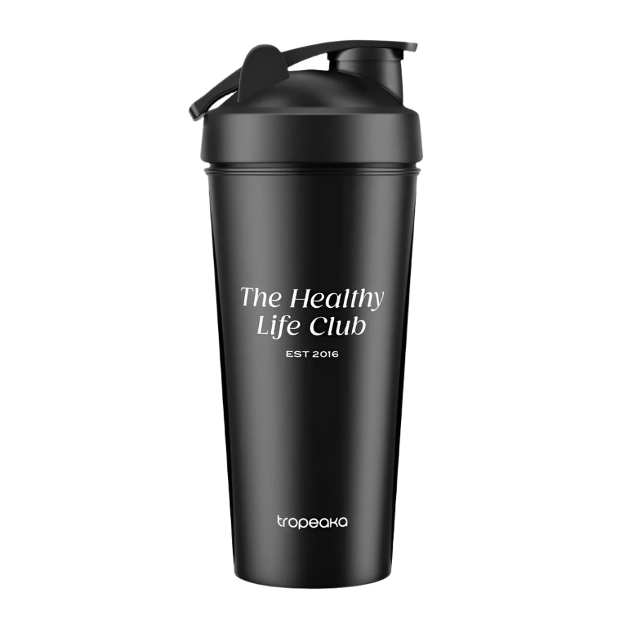Black shaker bottle with 'The Healthy Life Club' text on a white background