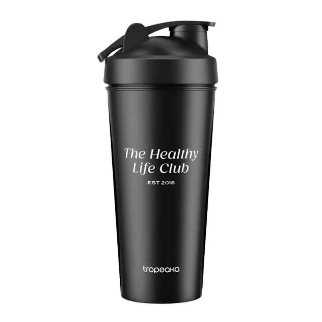 Black shaker bottle with 'The Healthy Life Club' text on a white background