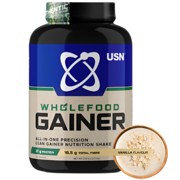 A bottle of USN Wholefood Mass Gainer in vanilla flavor, with the label showing the product name and the vanilla flavoring.