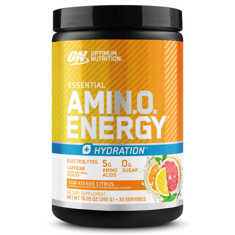 Optimum Nutrition Amino Energy + Electrolytes container in citrus flavor, showcasing the product name and benefits, with a picture of a tangerine.
