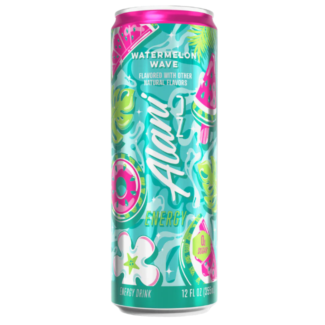 Alani Nu energy drink can with colorful design on a white background