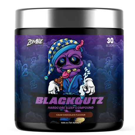 Blackoutz hardcore sleep compound container with colorful label on a white background