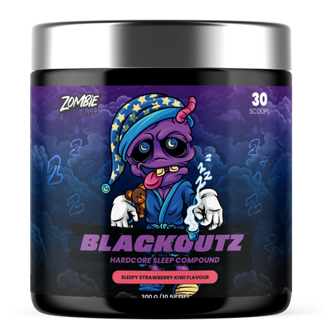 Blackoutz hardcore sleep compound container with colorful label on a white background