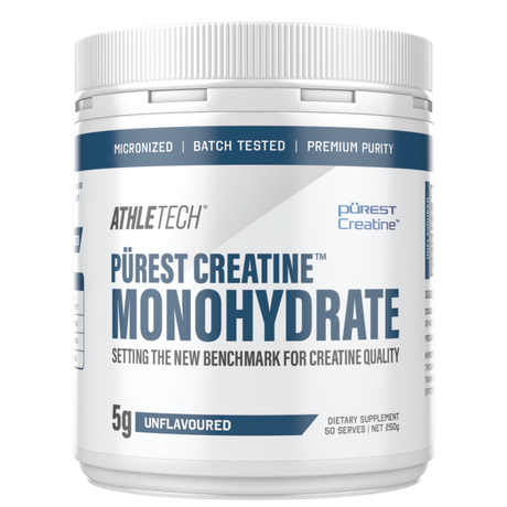 Athletech Purest Creatine Monohydrate supplement container on a white background