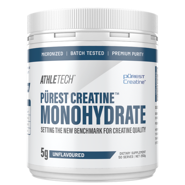 Athletech Purest Creatine Monohydrate supplement container on a white background