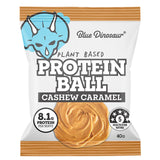 Protein ball package with Blue Dinosaur branding and cashew caramel flavor information.