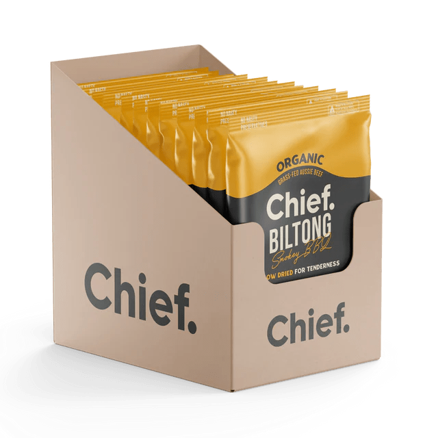 Chief Organic Grass-Fed Beef Biltong 30g 12 Box / Smokey BBQ